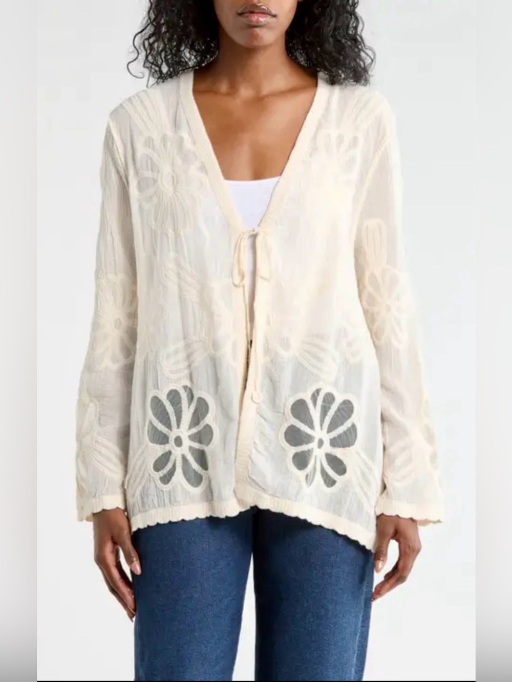 BohoCream Floral Embroidered Tie-Front Cardigan 100% cotton from Nordstrom Rack